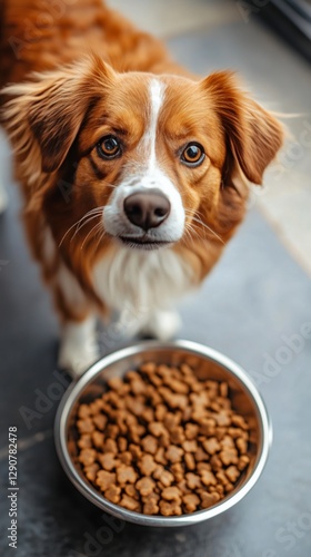 Happy Dog Eagerly Looking at Bowl of Dry Food Indoors During Daylight Hours