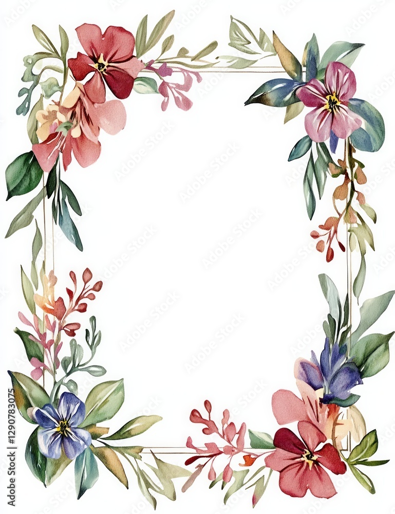 Obraz premium Watercolor floral frame, thin sides, with white background