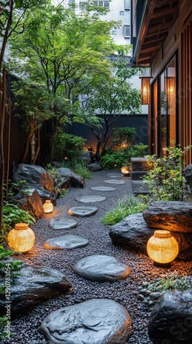 Serene Garden Pathway Illuminated by Lanterns in a Tranquil Setting of Rocks ...