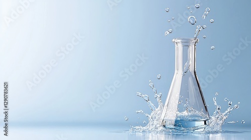 Clear glass Erlenmeyer flask with water splashing out against a clean blue background.
