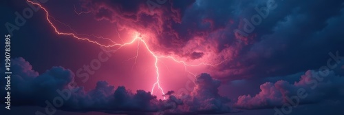 Angry cloudscape, vibrant lightning bolt illuminates darkness, grey, nature, bright