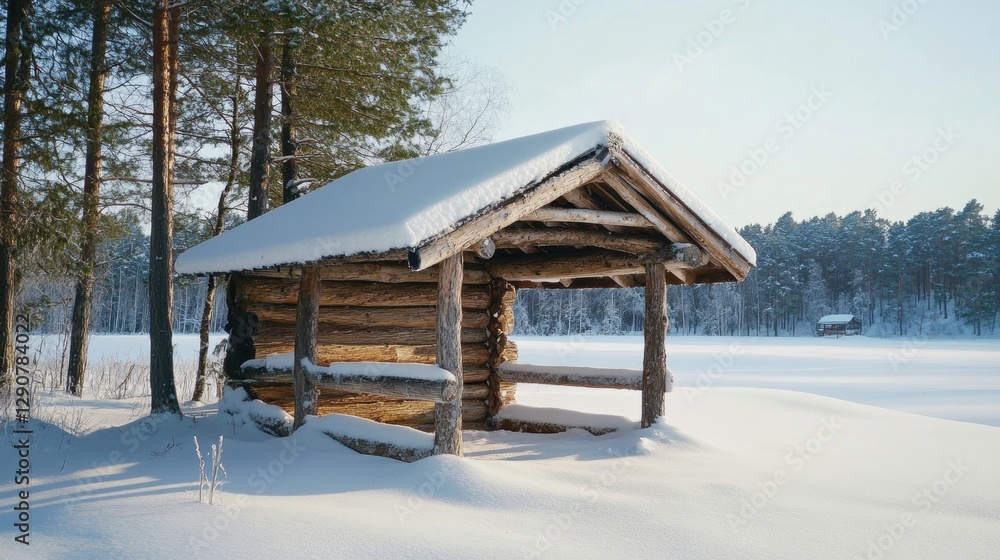 A rustic wooden shelter covered in snow, standing quietly in a winter wonderland of white fields and pine forests. A rustic wooden shelter covered in snow, standing quietly in a winter wonderland of white fields and pine forests.