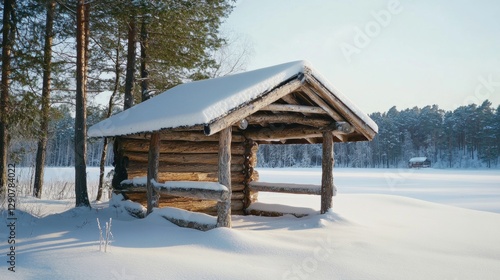 Wallpaper Mural A rustic wooden shelter covered in snow, standing quietly in a winter wonderland of white fields and pine forests. Torontodigital.ca