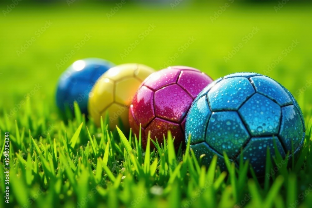Fototapeta premium Close-up of four sparkling soccer balls nestled in bright green grass , glitter, game
