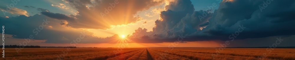 Dark, bulging mammatus clouds hang heavy above sun-baked fields , disaster, agricultural land, climate change effects Dark, bulging mammatus clouds hang heavy above sun-baked fields , disaster, agricultural land, climate change effects