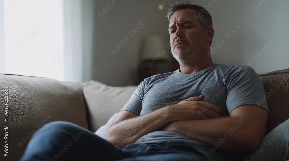 Stomach pain felt by a middle-aged man sitting on a couch, holding his stomach. Featuring discomfort and recovery Stomach pain felt by a middle-aged man sitting on a couch, holding his stomach. Featuring discomfort and recovery