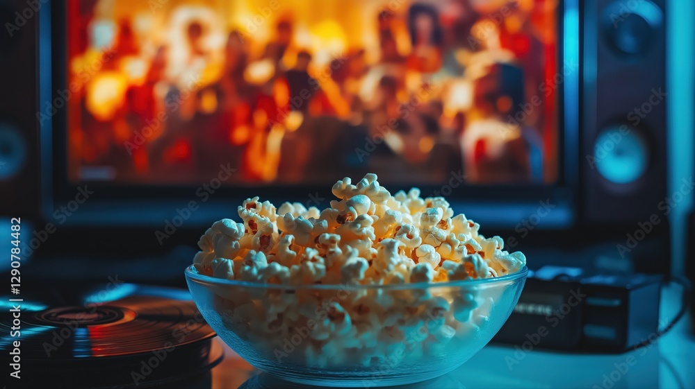 white bowl of popcorn and a TV in the background white bowl of popcorn and a TV in the background