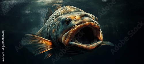 Photorealistic, menacing carp with sharp teeth, mouth wide open, against a dark background.
