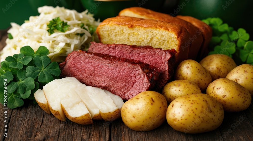 Colorful arrangement of traditional dishes, including meats, bre Colorful arrangement of traditional dishes, including meats, bre