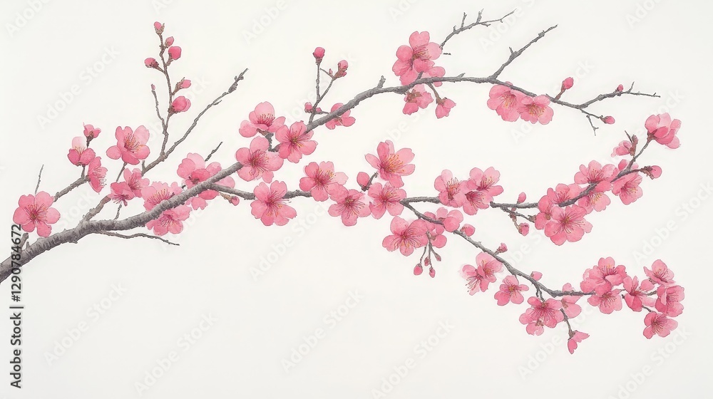 A delicate branch of pink cherry blossoms against a light background. A delicate branch of pink cherry blossoms against a light background.