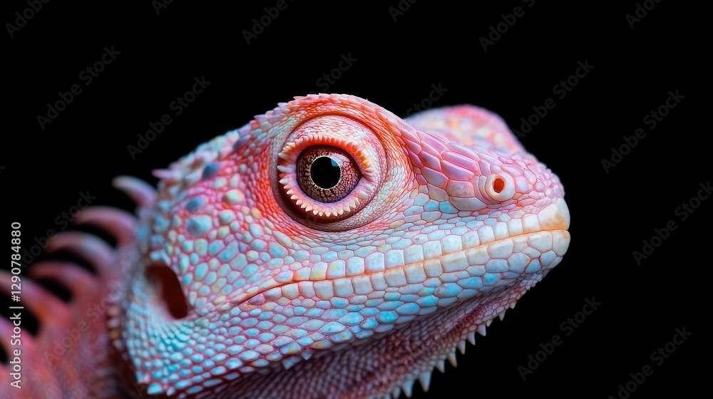 Obraz premium Pink lizard portrait, exotic reptile close-up, black background, wildlife