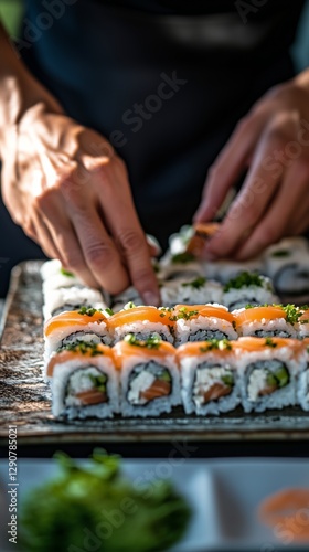 Skilled Chef Prepares Sushi Rolls With Fresh Ingredients in Vibrant Kitchen