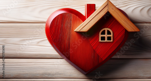 Extreme close-up of a red wooden heart with roof on a white wooden background with copy space, symbol of love for home, insurance and protection, home sweet home. Generative Ai.