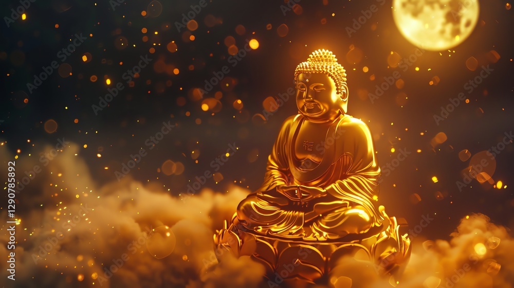 A golden statue of Buddha sitting in a meditative pose, with a full moon behind him. A golden statue of Buddha sitting in a meditative pose, with a full moon behind him.