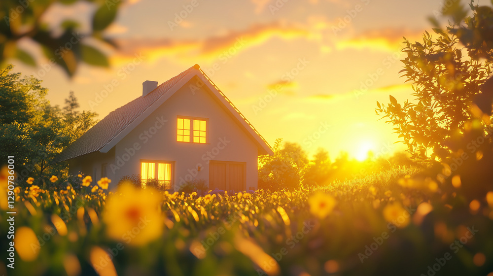 A serene house surrounded by a vibrant garden under a golden sunset, embodying peaceful solitude and natural beauty. A serene house surrounded by a vibrant garden under a golden sunset, embodying peaceful solitude and natural beauty.