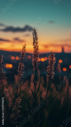 Golden Grass Under a Starry Sky at Dusk With Distant City Lights Illuminating...