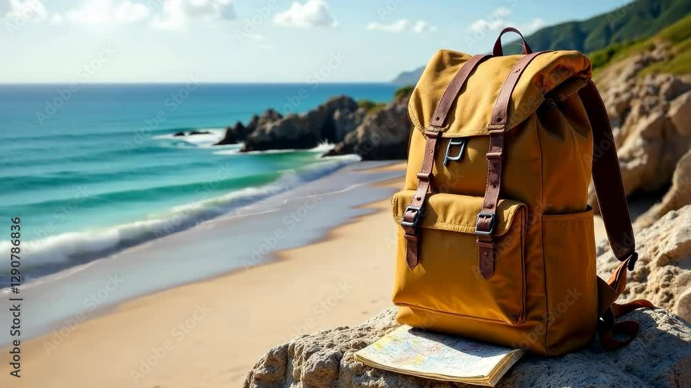Leather backpack lies on the sand against the background of the sea Leather backpack lies on the sand against the background of the sea
