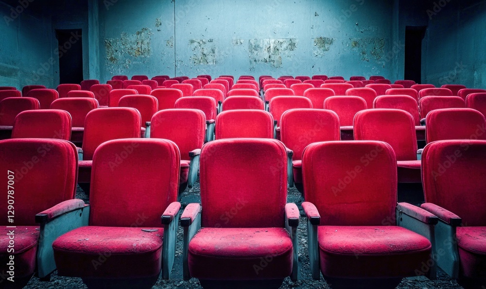 Obraz premium Abandoned Cinema Hall with Cracked Velvet Seats and Faded Movie Posters