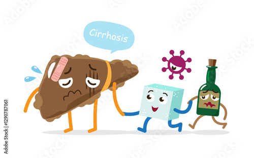 Liver cirrhosis with sugar, hepatitis virus, alcohol . Cute medical cartoon character . Isolate white background . Vector .