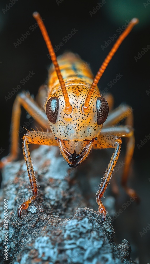 Close-up of an orange insect with large eyes, perched on a textured surface. Detailed view of its intricate body.