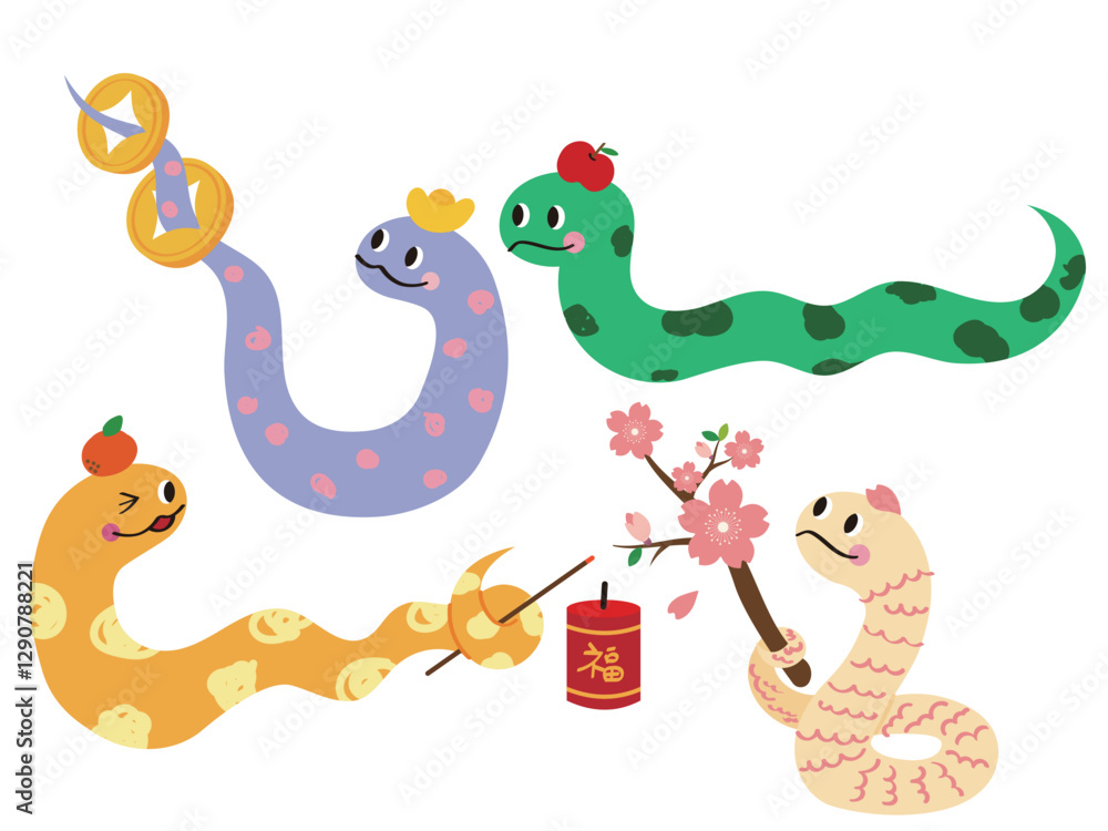 Fototapeta premium Cute Cartoon Snake Doodle Sticker Illustration Set
