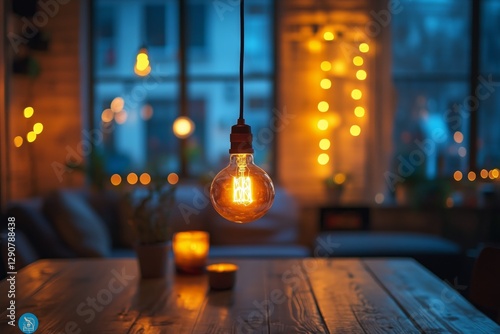 Cozy Illuminated Setting Featuring Hanging Light Bulbs in a Warm Indoor Space...
