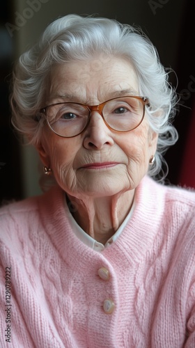 Elderly Woman With Glasses Wearing a Pink Sweater Sitting Indoors With a Warm...
