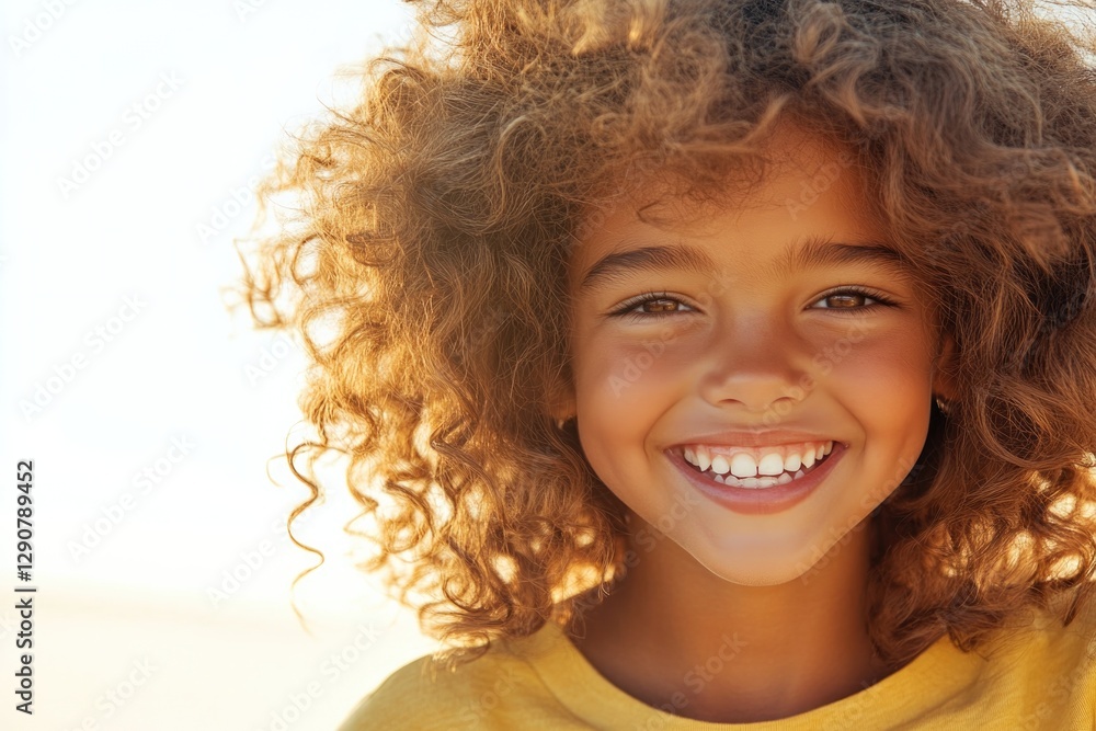 Bright smile of joyful girl with curly hair against sunny backgr Bright smile of joyful girl with curly hair against sunny backgr