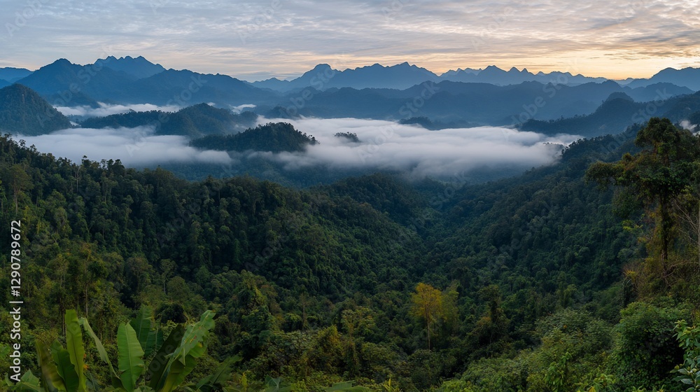 Panoramic view of misty mountains and lush forest at sunrise. Panoramic view of misty mountains and lush forest at sunrise.
