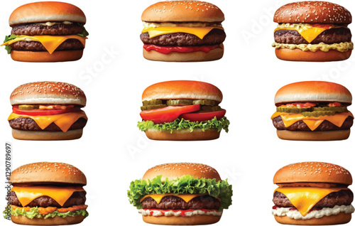 A high-resolution vector set of realistic cheeseburger illustrations, featuring massive double-patty burgers with layers of cheddar cheese, fresh lettuce, and thick tomato slices