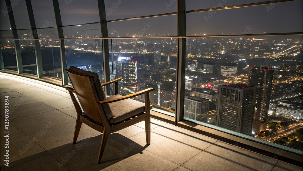 Panoramic Rooftop Bar Empty Chair Night Lighting Cityscape Highrise Building View Panoramic Rooftop Bar Empty Chair Night Lighting Cityscape Highrise Building View