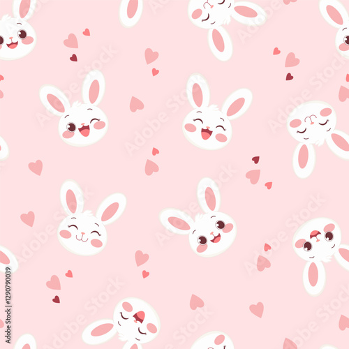 Seamless Pattern with Cartoon Bunny and Hearts on Pink Background, Vector Illustration