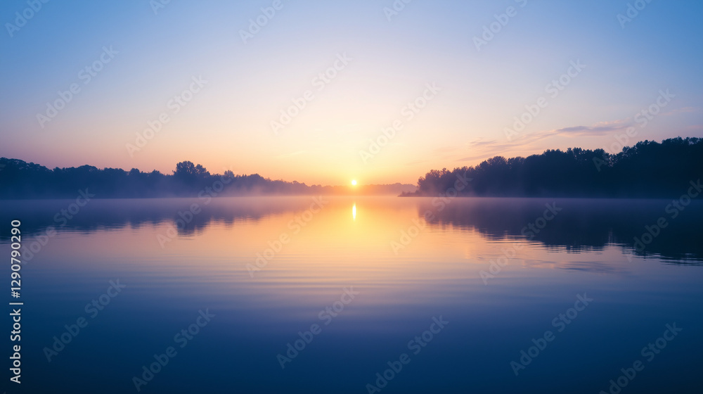 Tranquil sunrise over a calm lake, evoking peace and serenity. Tranquil sunrise over a calm lake, evoking peace and serenity.