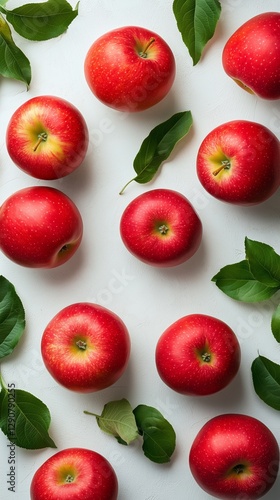 Fresh Red Apples Arranged With Green Leaves on a White Background Showcasing ...