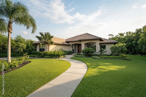 Luxurious single family home with landscaped garden and palm trees