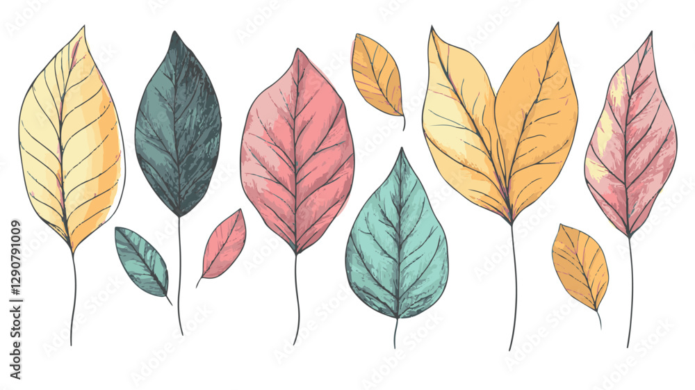 Fototapeta premium Colorful Floral Pattern with Abstract Flowers and Set of Autumn Leaves on White Background Art & Illustration