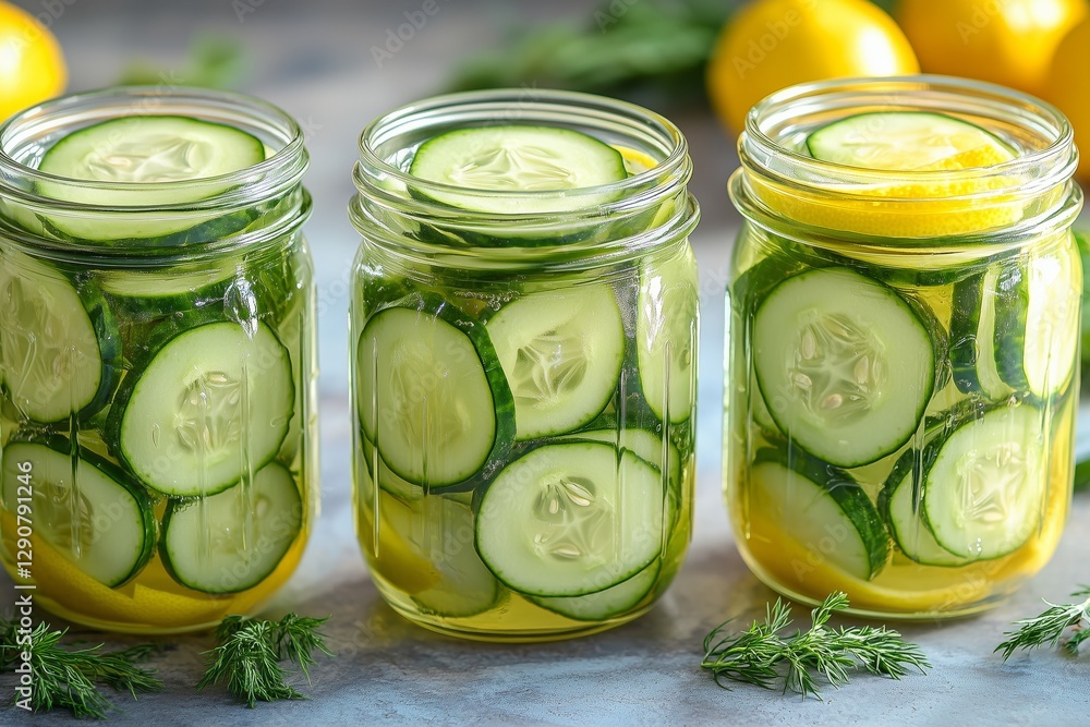 Cucumber and Lemon Pickle Jars Filled With Fresh Ingredients on a Kitchen Counter Cucumber and Lemon Pickle Jars Filled With Fresh Ingredients on a Kitchen Counter