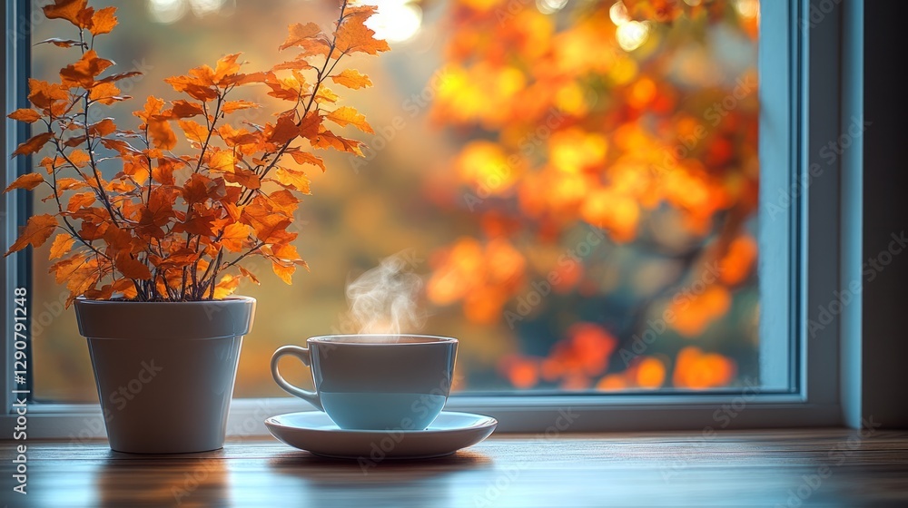 A soft autumn morning light fills a cozy living room. A soft autumn morning light fills a cozy living room.