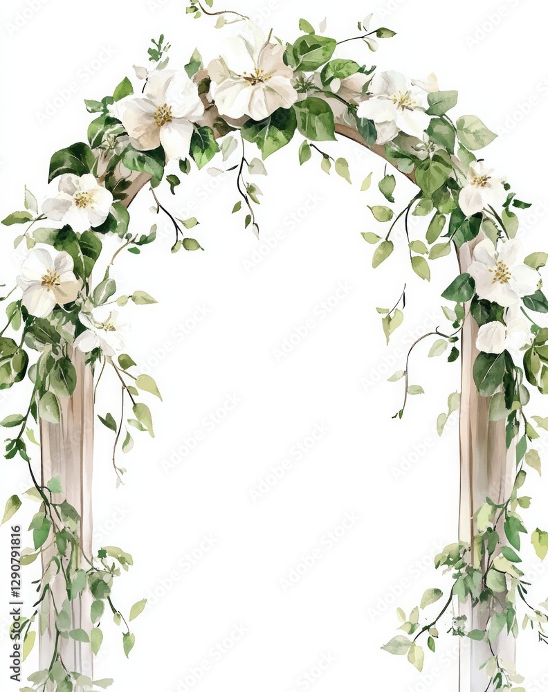 Fototapeta premium watercolor, vintage arch with white and green flowers and vines