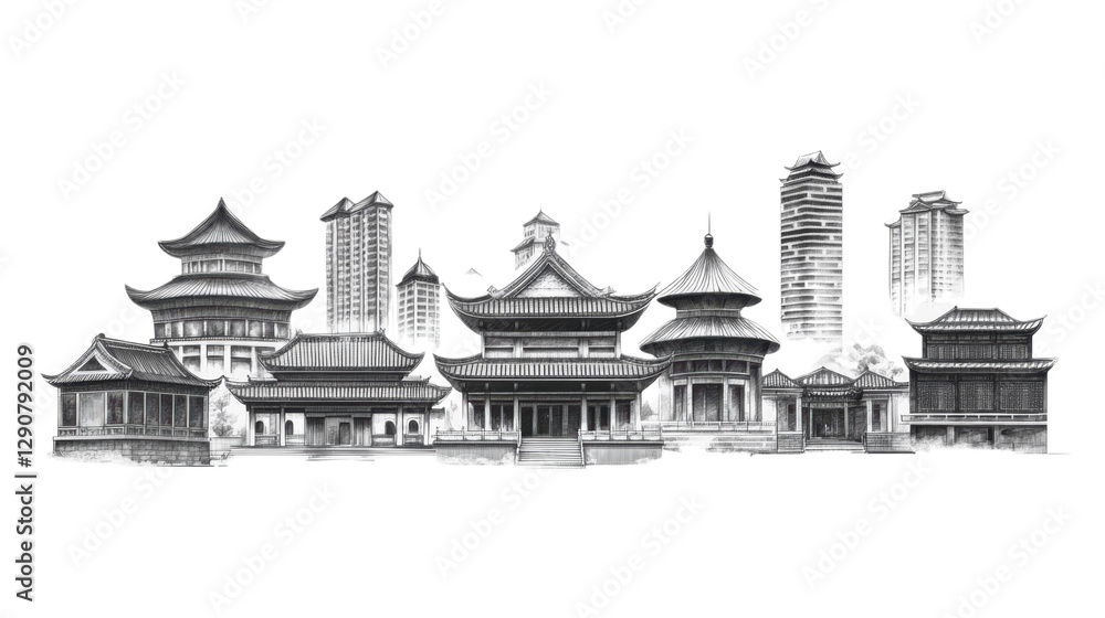 Obraz premium Vector illustration of an ancient castle with architectural details, featuring a stone building, roof, and historical elements, reflecting Asian and European influences in a scenic landscape