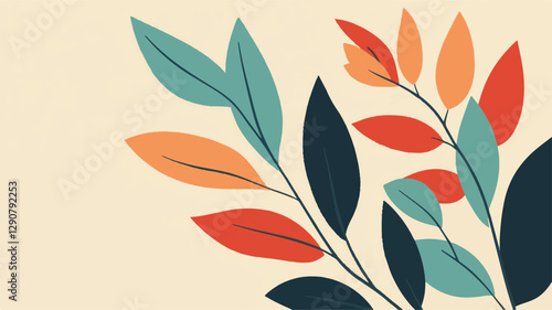 Colorful Floral Pattern with Abstract Flowers and Set of Autumn Leaves on White Background Art & Illustration