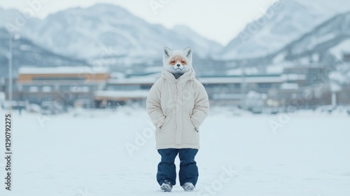 Fox mask person winter snowy mountains