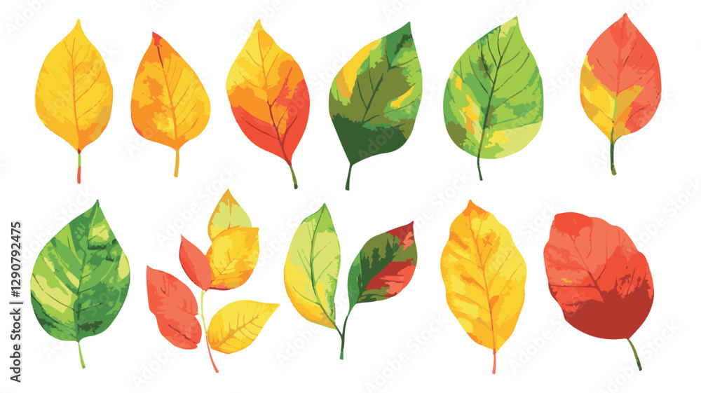 Obraz premium Colorful Floral Pattern with Abstract Flowers and Set of Autumn Leaves on White Background Art & Illustration