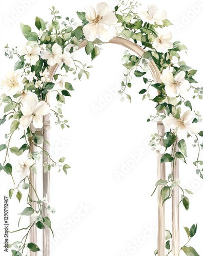  watercolor, vintage arch with white and green flowers and vines