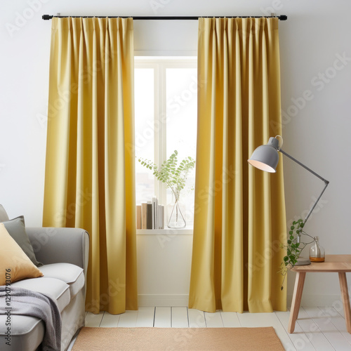 Heavy fabric curtains in modern bedroom, white walls and wooden furniture, miminal interior design