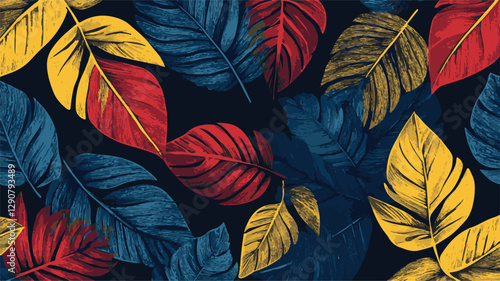 Colorful Floral Pattern with Abstract Flowers and Set of Autumn Leaves on White Background Art & Illustration