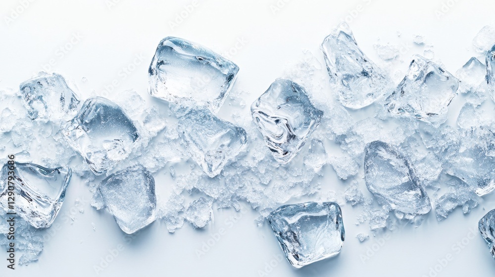 Frozen ice blocks and crushed ice randomly arranged on a pure white background, crisp and hyper-realistic. Frozen ice blocks and crushed ice randomly arranged on a pure white background, crisp and hyper-realistic.
