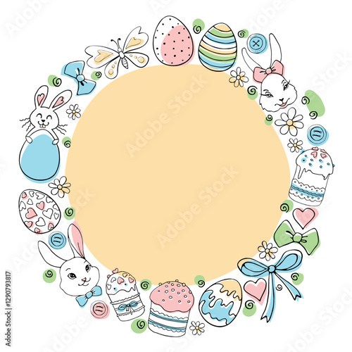 Vector frame, border, wreath from color traditional Easter elements: ornamental eggs, bunnies, cakes, flowers, bows. Simple holiday background, decoration in doodle style