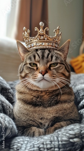 Cat Wearing a Crown Relaxing on a Cozy Blanket in a Sunlit Room