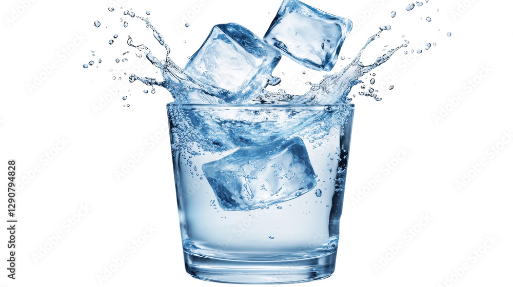 Glass of water with ice cubes splashing in a clean and refreshing drink Glass of water with ice cubes splashing in a clean and refreshing drink